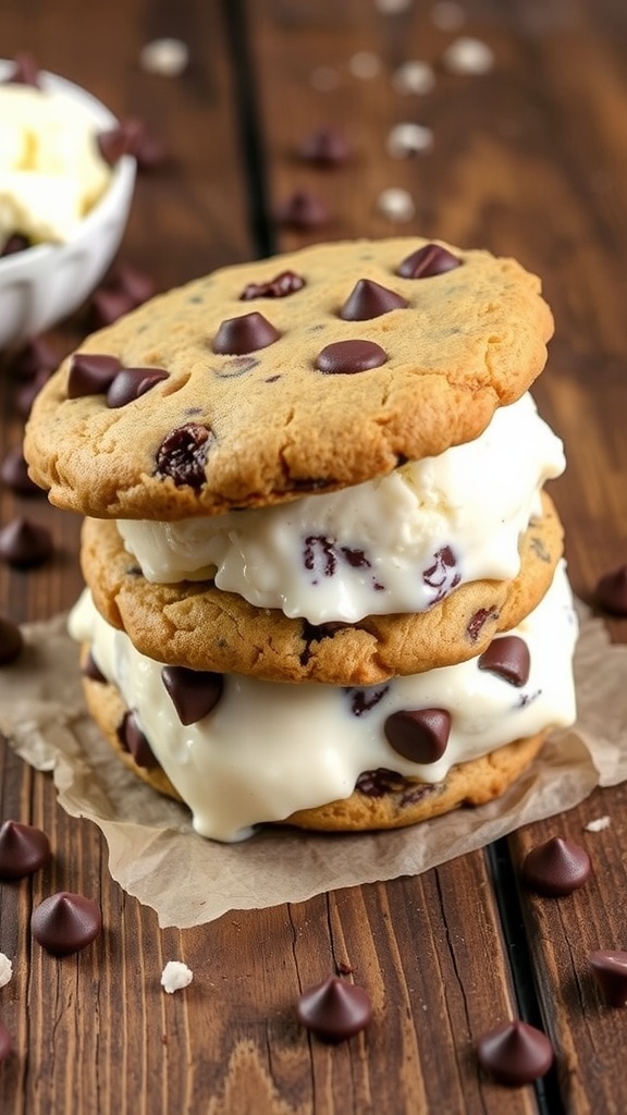Homemade ice cream sandwich with chocolate chip cookies and vanilla ice cream on a wooden table.